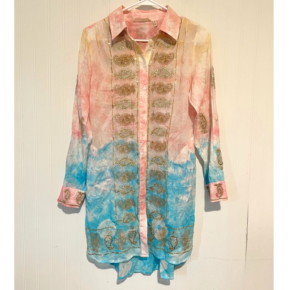 Soft Surroundings Tunic Women XS Pink Blue Tie Dye Sequin Paisley Cotton Top